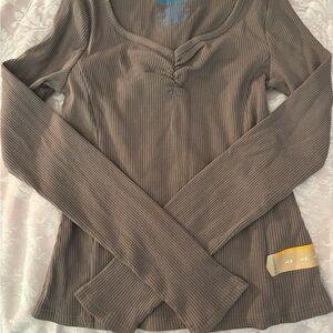 Girls Long Sleeve Ribbed Top - Brown